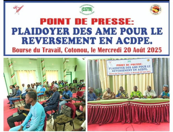 Au cours d&rsquo;une sortie à la Bourse du Travail à Cotonou : La CSA-Bénin, la CGTB et l&rsquo;UNSTB plaident pour le reversement des AME  (L’appel des Centrales Syndicales au président Talon et au gouvernement)