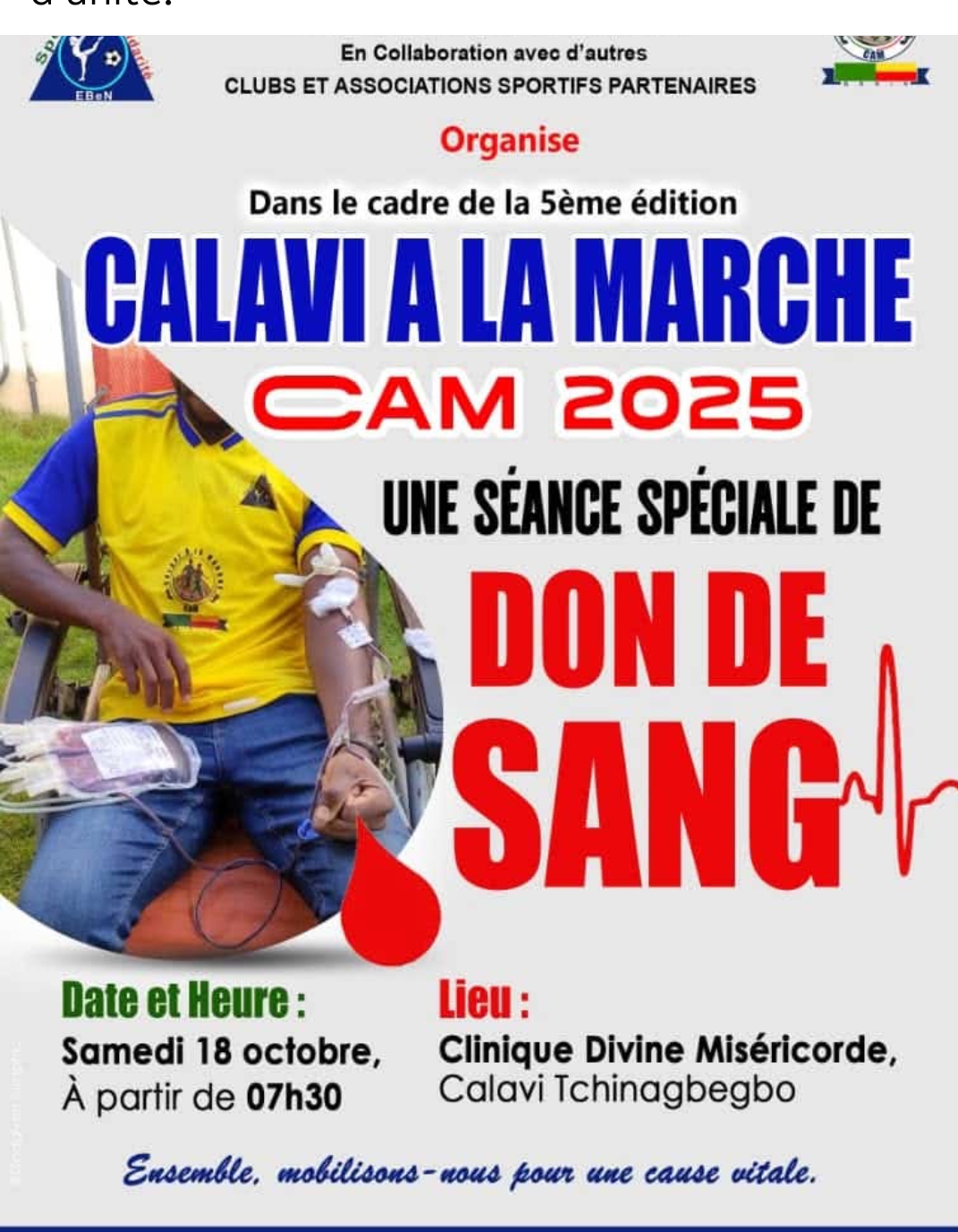 Calavi à la Marche  : La 5ᵉ édition s’ouvre par un acte citoyen fort  Une séance de don de sang ce samedi