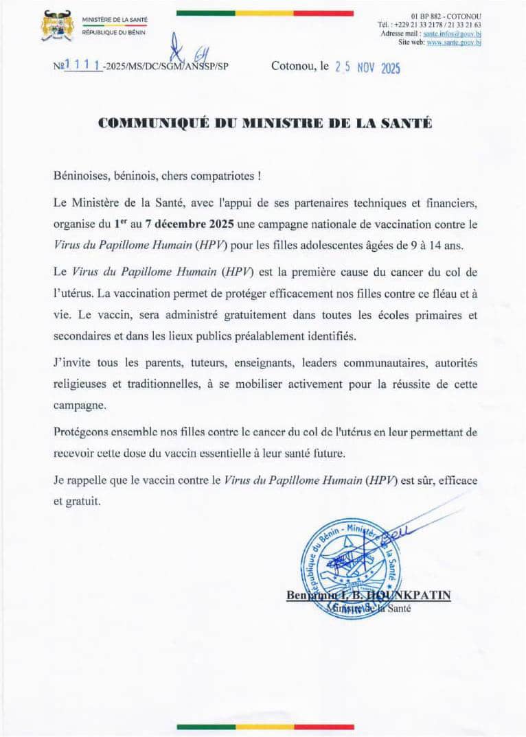 Cancer du col de l’utérus : Le Bénin vaccine les filles de 9 à 14 ans du 1er au 7 décembre Lire le communiqué signé du ministre Benjamin Hounkpatin