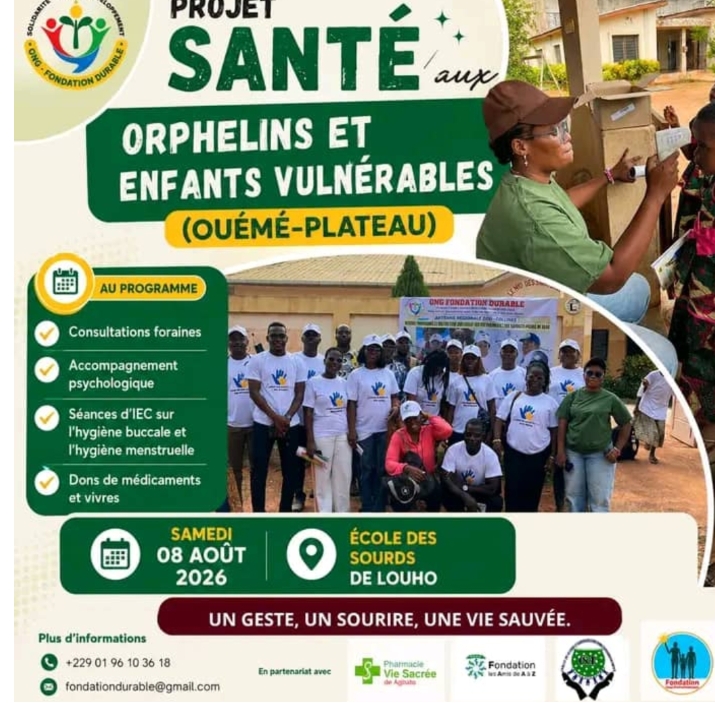 *Grande journée de soins de santé et de solidarité à Porto-novo : L&rsquo;ONG Fondation Durable au chevet des enfants de l&rsquo;école des sourds de Louho le 8 août prochain